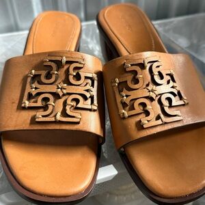 Brand New TORY BURCH Ines Sandal mule slide tan leather block heel 10